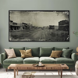 Deserted Old West Town Street, Sepia Framed Canvas Print Farmhouse Living Room Wall Art, Vintage Home Decor, Rustic Art Piece