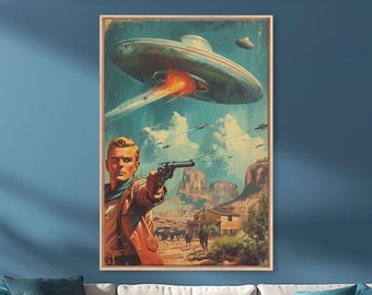 1950s Space Cowboy Canvas Art: UFO Western Art Print