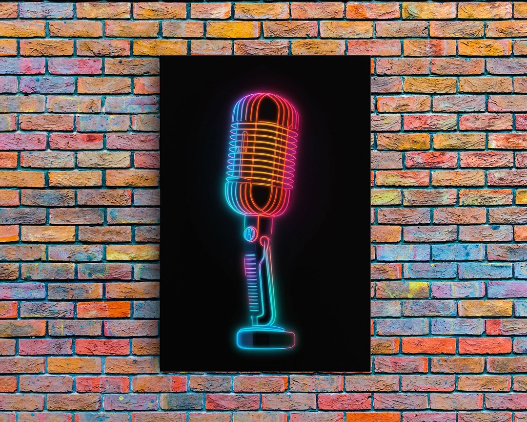 Neon Lights Retro Microphone Wall Art, Vibrant Art, Music Room Wall Art, Minimalist Print, Wall