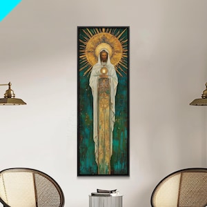 Art Deco Christian Canvas Print, Eucharistic Adoration Scene, Light Oak Frame afbeelding 19