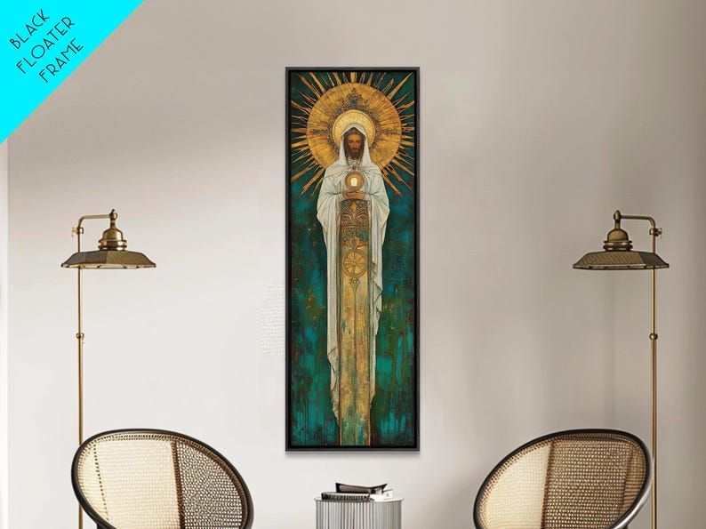 Art Deco Christian Canvas Print, Eucharistic Adoration Scene, Light Oak Frame afbeelding 19
