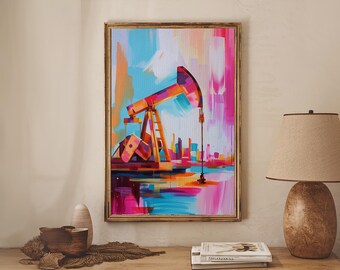 Colorful Oil Derrick Canvas Print: Contemporary Industrial Wall