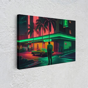 Miami Vice Retro Neon Lights Street Classic Car Wall Art Print, Wall Poster, Fine Art Print, Wall Decor