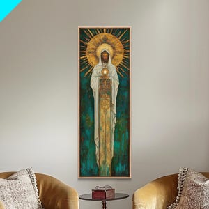Art Deco Christian Canvas Print, Eucharistic Adoration Scene, Light Oak Frame afbeelding 1