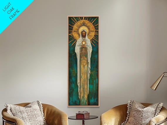 Art Deco Christian Canvas Print, Eucharistic Adoration Scene, Light Oak Frame