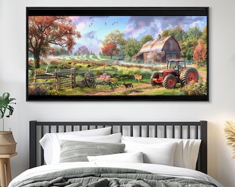 Red Barn Tractor Canvas Print: Tranquil Farmhouse Wall Art