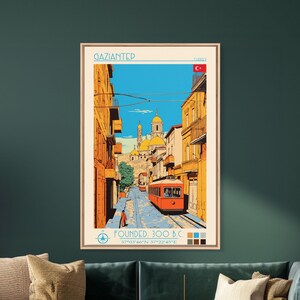 Gaziantep Turkey Travel Poster Framed Canvas Print, Midcentury Modern Art, Pop Art Wall Decor, Scenic Living Room Art, Bedroom Decor