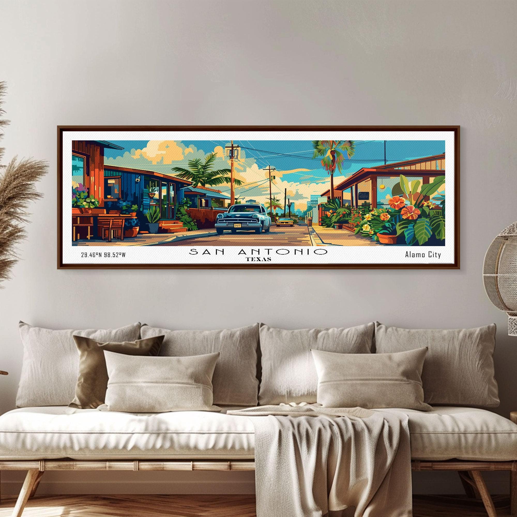 San Antonio Texas Panoramic Canvas Print: Mid-century Modern Retro