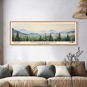 North Cascades National Park Panoramic Travel Art, National Park Print, Minimalist Travel Art, Subdued Watercolor Painting Panoramic
