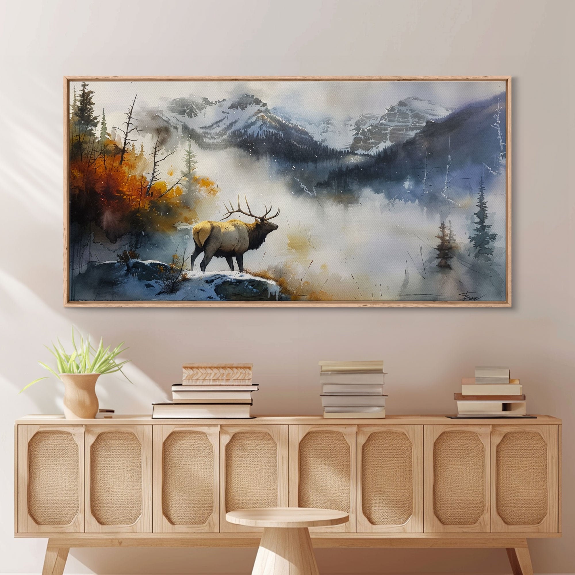 Majestic Elk in Misty Mountains, Framed Canvas Print, Perfect for Living Room Art, Rustic Bedroom Decor, Nature Wall Art, Wildlife Scene