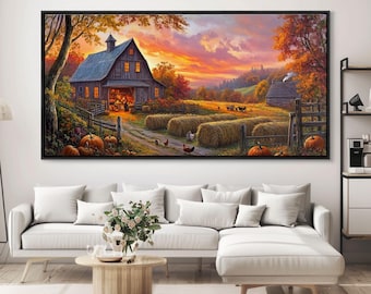 Sunset Barn Framed Canvas Print: Fall Farmhouse Wall Art