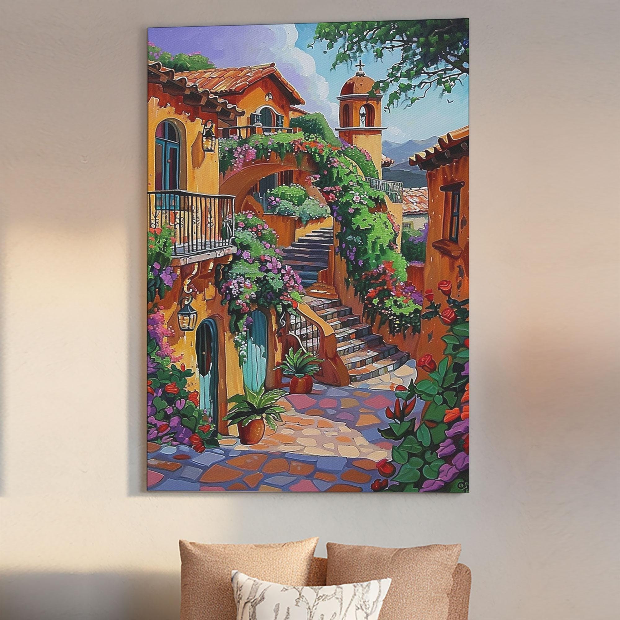 Mexican Style Outdoor Courtyard Scene With Flowers and Fountains