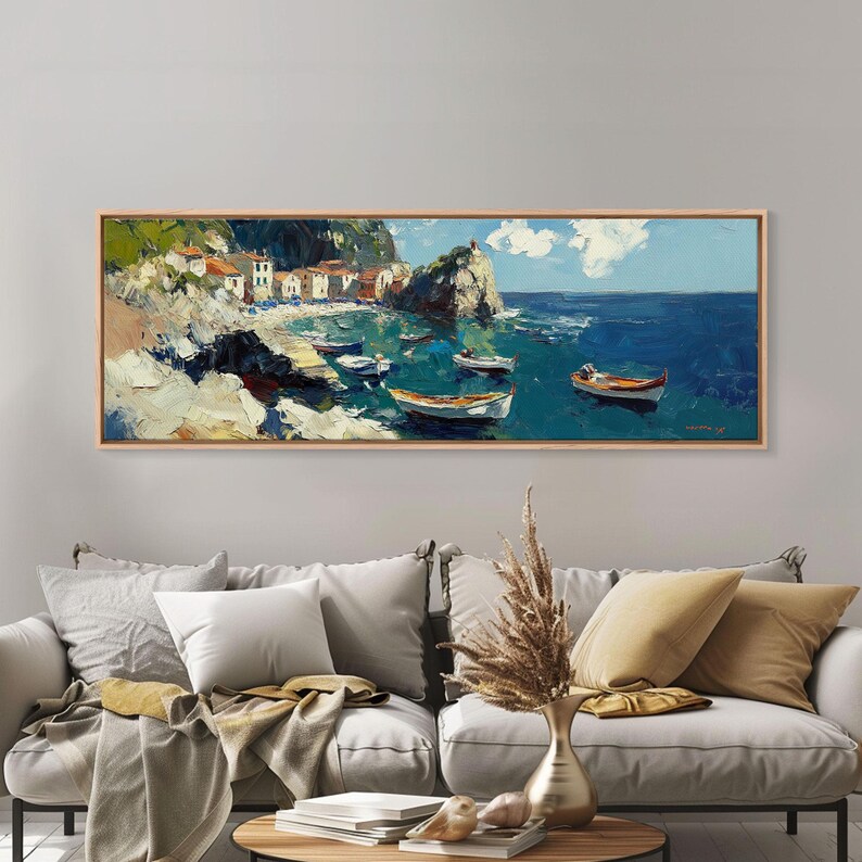 Italian Fishing Village, Vintage Style Canvas Print, Wood Framed