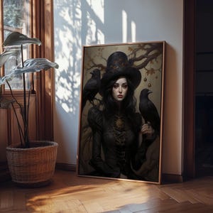 Witch and Ravens Framed Canvas: Gothic Halloween Art image 19