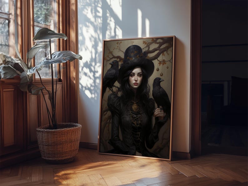 Witch and Ravens Framed Canvas: Gothic Halloween Art image 19