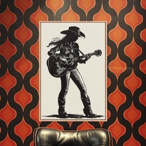 Cowgirl Guitarist Silhouette Art Print, Retro Western Framed Canvas, Vintage Country Music Art, Unique Wall Decor for Home