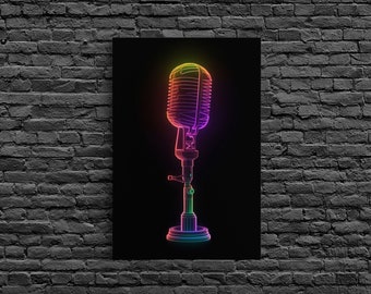 Multicolored Retro Microphone Wall Art, Vibrant, Music Room Wall Art, Minimalist Print, Wall Decor, Canvas Print, Wall Art, Framed Canvas