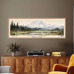 Mount Rainier National Park Panoramic Travel Art, National Park Print, Minimalist Travel Art, Subdued Watercolor Painting Panoramic