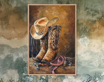 Cowboy Boots and Hat Art: Rustic Western Framed Canvas Print Print