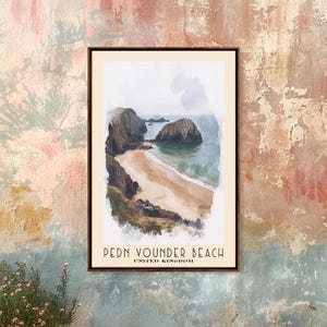 Pedn Vounder Beach, United Kingdom Watercolor Beach Print, Vacation Gift, Wall Art, Framed Canvas Print, Framed Beach Painting