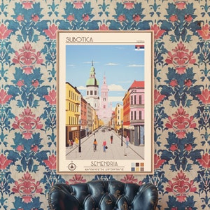 Subotica Serbia Travel Poster Framed Canvas Print, Midcentury Modern Art, Pop Art Wall Decor, Living Room Art, Home Decoration
