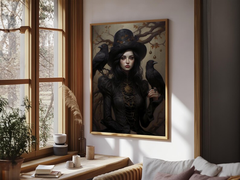 Witch and Ravens Framed Canvas: Gothic Halloween Art image 14