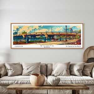 Wichita Kansas Panoramic Painting, Mid Century Modern Framed Canvas Print, Retro Pop Art Travel Poster, Wall Art, Home Decor