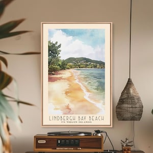 Lindbergh Bay Beach, US Virgin islands Watercolor Beach Print, Vacation Gift, Wall Art, Framed Canvas Print, Framed Beach Painting