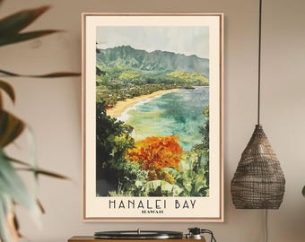 Hanalei Bay, Hawaii Watercolor Print, Vacation Gift, Hawaii Wall Art, Vacation Wall Art, Vacatation, Beach Decor, Beach Or Lakehouse Art