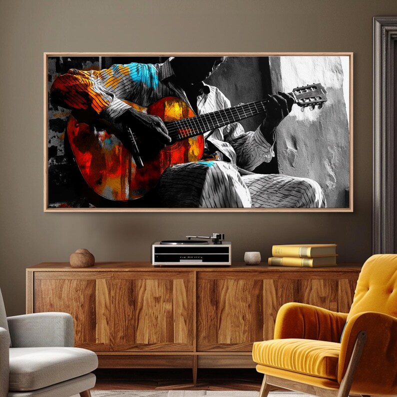 Guitarrista, música, expresión, momento musical melancólico capturado en esta impresión en lienzo enmarcada, arte bohemio para sala de música, arte de pared para estudio artístico imagen 20