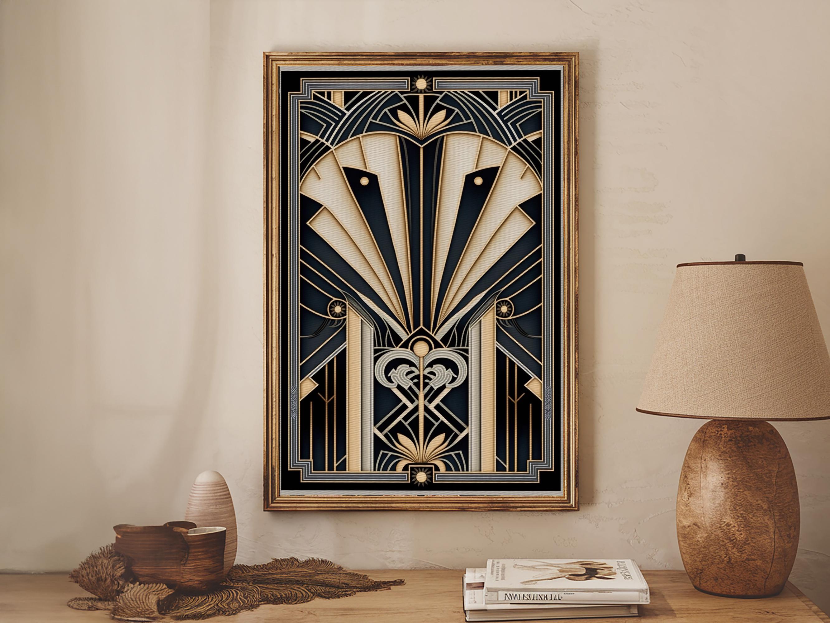 インテリアアート　ART DECO Art Deco Framed Canvas Print: Gold & Black MCM Wall Art - Etsy