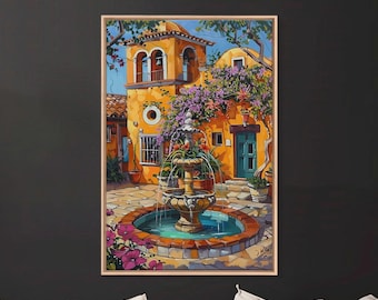 Tall Art Framed Canvas Print Featuring Mexican Style Courtyard Fountain And Vibrant Architecture
