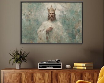 May include: Framed artwork featuring a portrait of a figure wearing a gold crown and white robe. The painting has a textured, impressionistic style with a muted color palette of blues, greens, and creams. The figure has a long beard and is holding a small object.