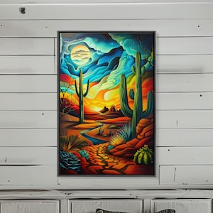 Southwestern Desert Scene - Vibrant Landscape Art, Framed Canvas Print, Living Room Decor, Desert Painting, Colorful Wall Art