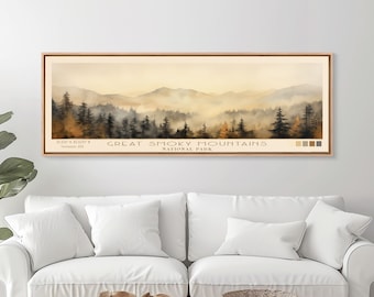 Great Smoky Mountains National Park Panoramic Travel Art, National Park Print, Minimalist Travel Art, Subdued Watercolor Painting Panoramic