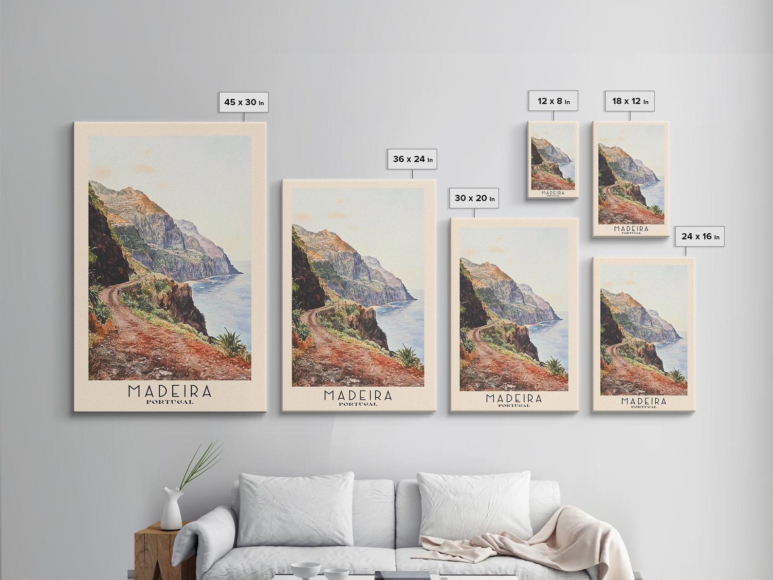 Madeira Portugal Watercolor Print- Walnut/Dark Brown Frame, 20x30 inches