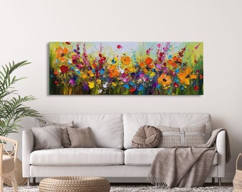Panoramic Wildflowers Canvas Print, Beautiful Ultra-Wide Wall Art, Original Flower Painting, Floral Art, Botantical Wall Art, Oil Painting