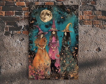 Wildflower Witch Coven Framed Canvas Print: Boho Halloween Art