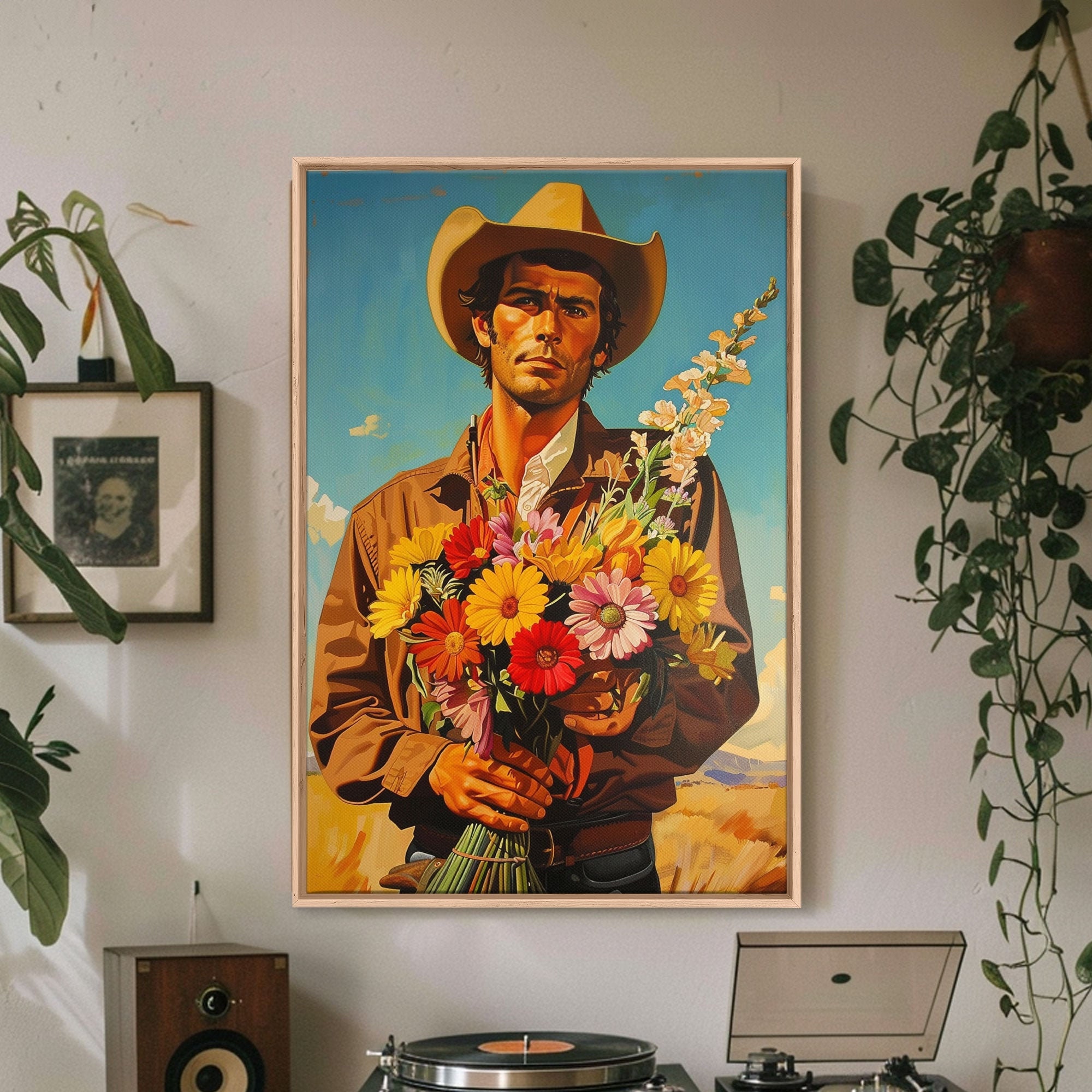 Vintage Cowboy Holding Flowers - Framed Canvas Print, Southwestern Living Room Art, Rustic Bedroom Decor, Retro Art, Wall Art