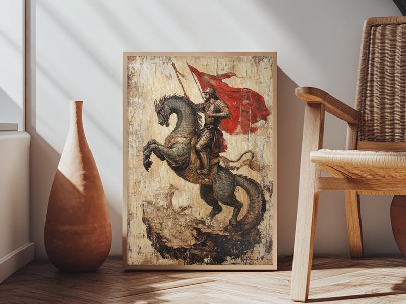 Saint George and the Dragon Battle Scene Framed Canvas Print | Renaissance Christian Art Painting, Vintage Religious Wall Art and Modern Ch image 6