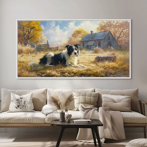 Countryside Painting, Sheep Dog Art, Farm Animals, Farm Art, Panoramic Art, Wall Art, Canvas Art, Landscape Art, Farmhouse Wall Art