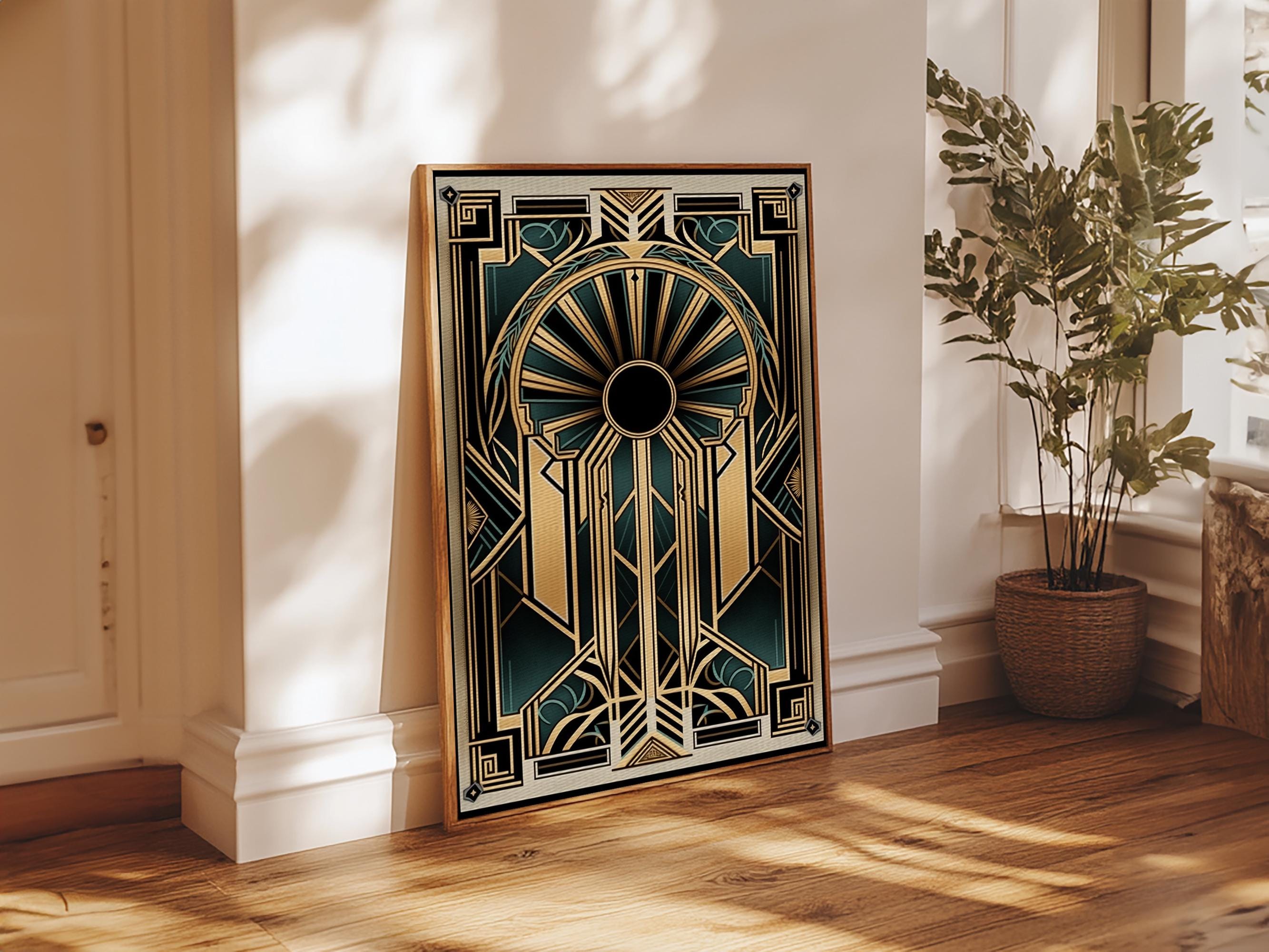 Art Deco Framed Canvas Print: Gold & Green Geometric Wall Art - Etsy