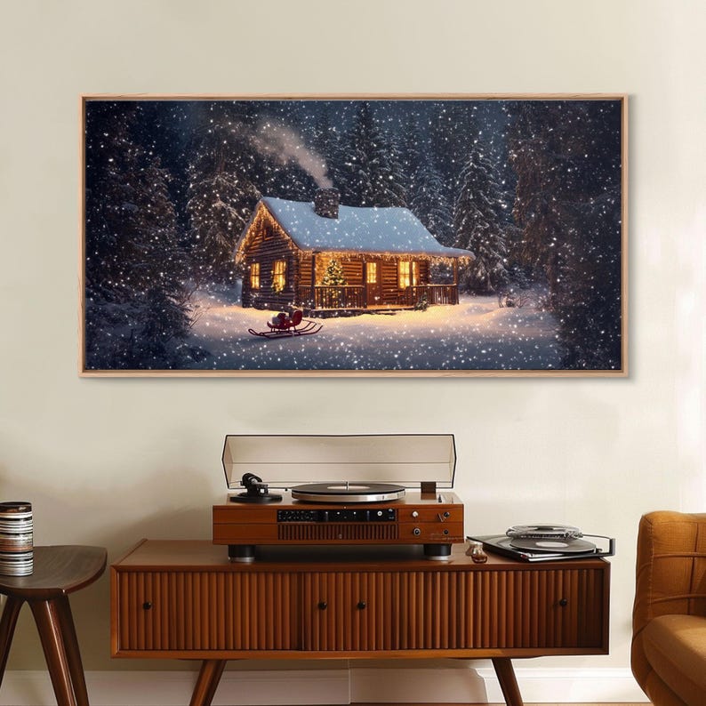 Cozy Cabin in Snow Framed Canvas Print, Winter Wonderland Scene Art