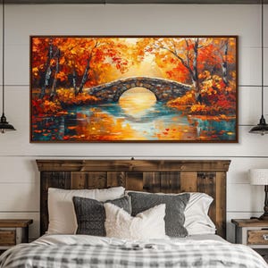 Autumn Stone Bridge Framed Canvas Print: Colorful Fall Landscape Art