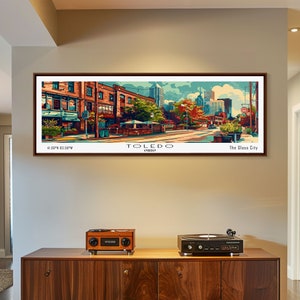 Toledo Ohio Panoramic Painting, Mid Century Modern Framed Canvas Print, Retro Pop Art Travel Poster, Wall Art, Home Decor, Office Art