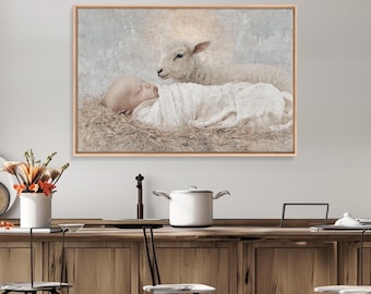 Little Lamb Grace, Framed Canvas Print, Christian Wall Art, Christian Art Canvas, Christmas Art, Christian Painting