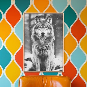 Wolf in Snowy Forest Black and White Photography - Framed Canvas Print, Wildlife Photography, Winter Wolf Art for Home Decor
