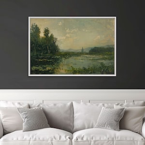 Dutch Landscape With Lake Framed Canvas Print Oil Painting, Wood Frame Wall Art, Cottage Core, Farmhouse Decor, Living Room Art
