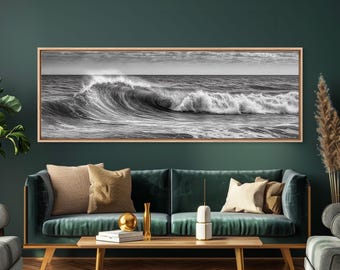 Black and White Ocean Wave Photography Print: Panoramic Framed Canvas Art