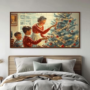 Family Decorating Tree Framed Canvas Print, Retro Christmas Scene, Vintage Holiday Decor, Christmas Tree Art, Christmas Wall Art Gift